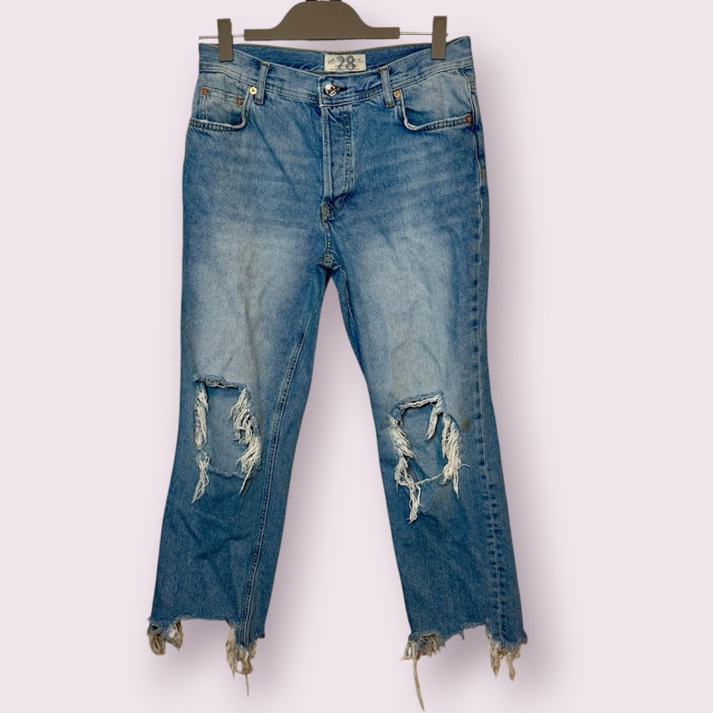 Free People We The Free Maggie Mid Rise Straight Leg Jeans Button Fly Blue 28